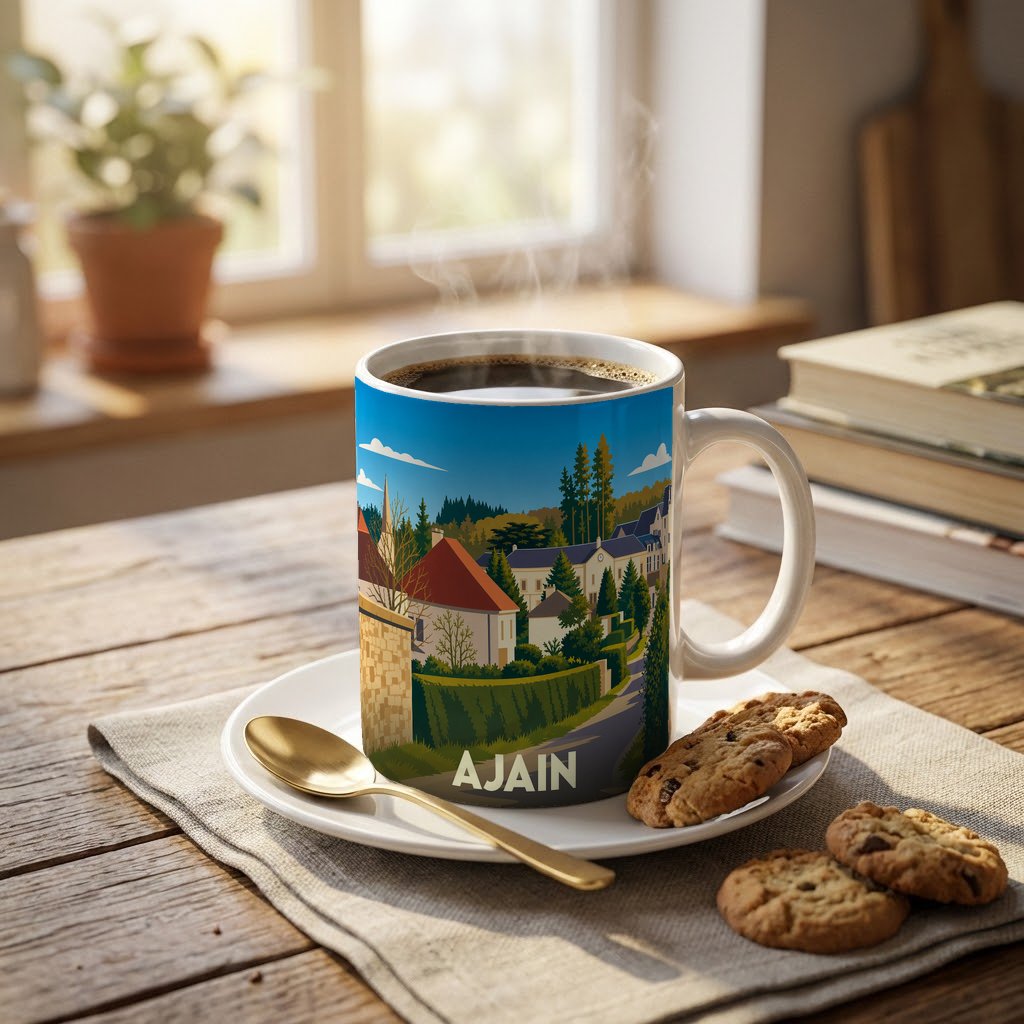 Mug souvenir de la ville de Ajain orné d'une illustration stylisée de son paysage urbain.
