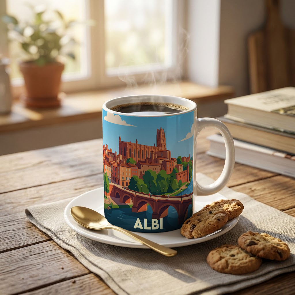 Mug souvenir de la ville d'Albi avec une illustration stylisée de son centre historique.