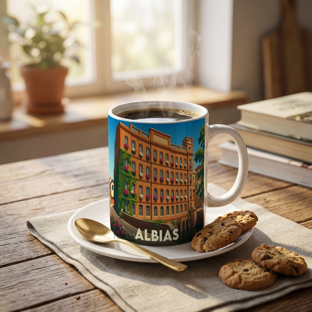Mug souvenir de la ville d'Albias avec une illustration stylisée d'un bâtiment fleuri.