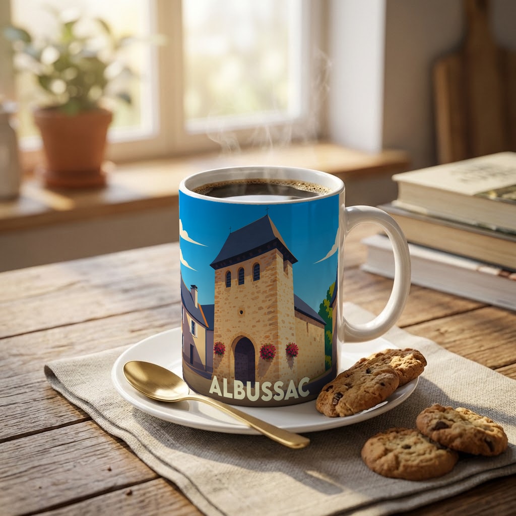 Mug souvenir de la ville d'Albussac orné d'une illustration stylisée de son église en pierre.