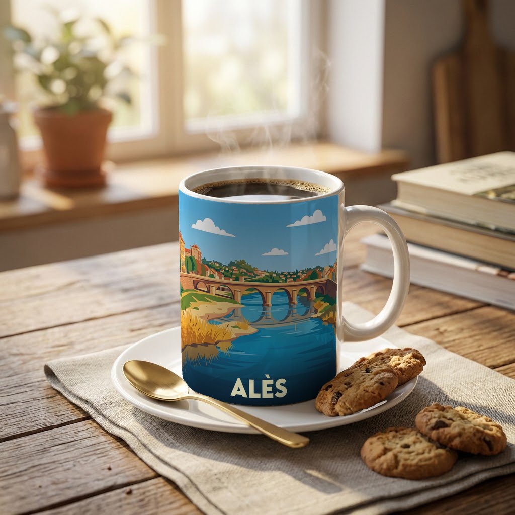 Mug souvenir de la ville d'Alès avec une illustration stylisée de son pont et de la rivière.