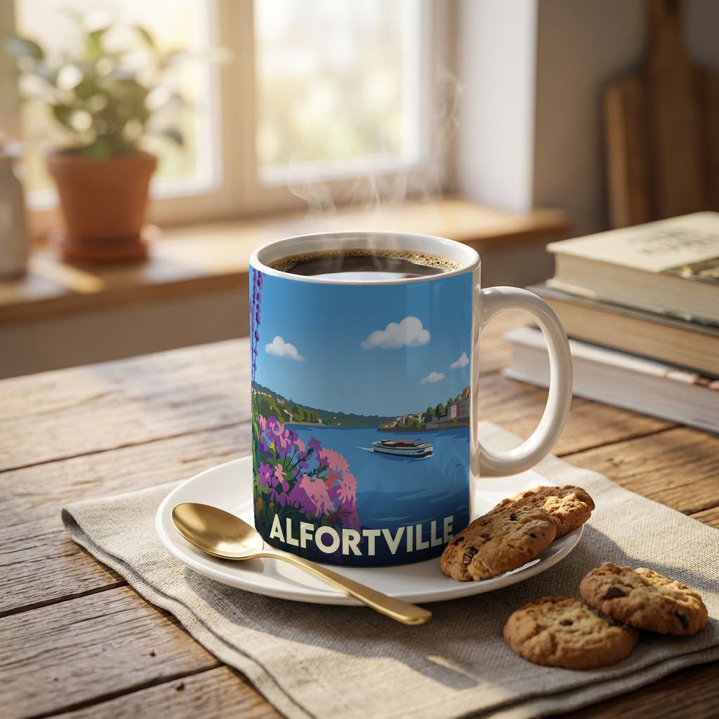 Mug souvenir de la ville d'Alfortville avec une illustration stylisée d'un paysage au bord de l'eau.