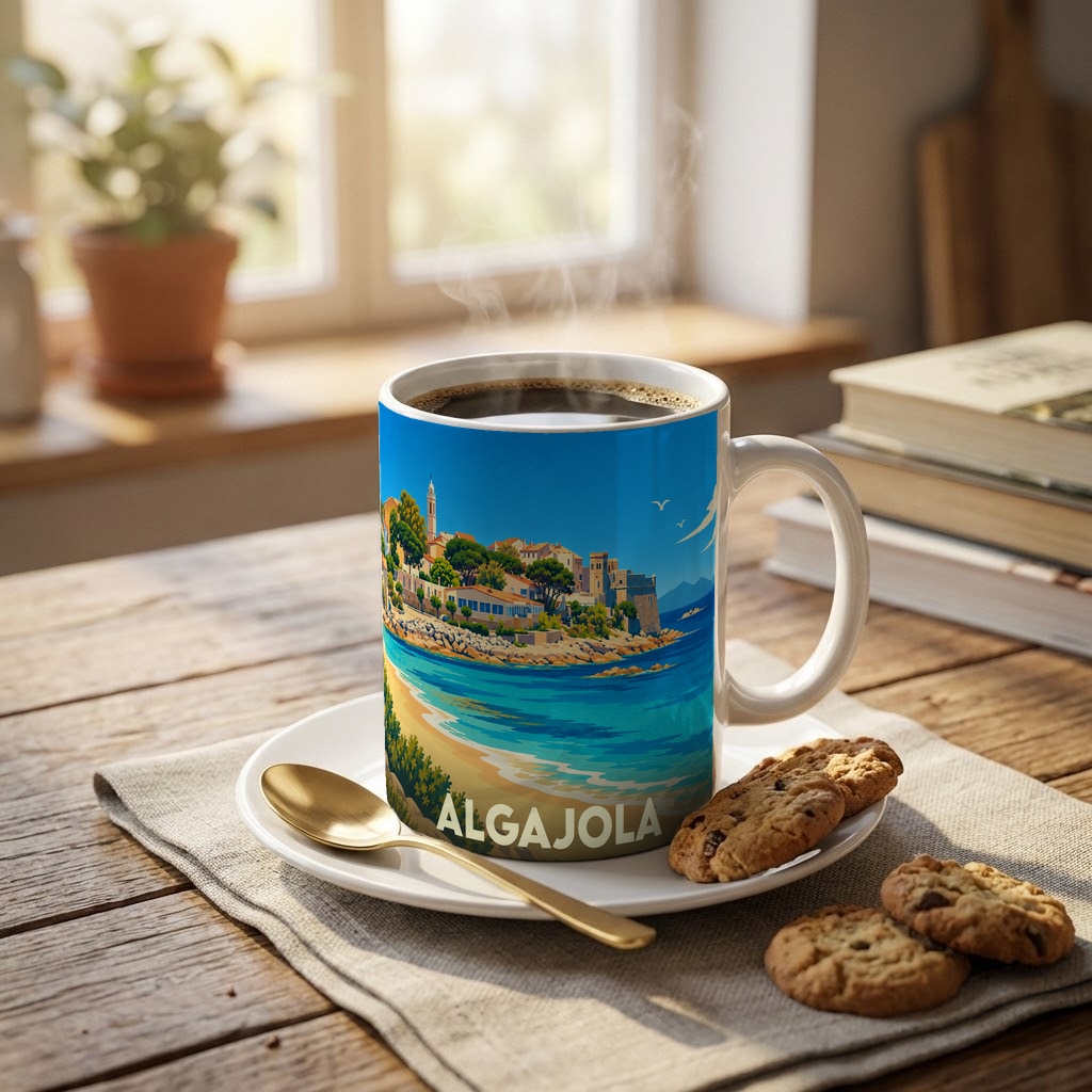 Mug souvenir de la ville d'Algajola orné d'une illustration stylisée de son bord de mer.