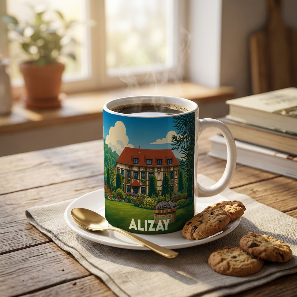 Mug souvenir de la ville d'Alizay avec une illustration stylisée d'une maison traditionnelle et d'un jardin.