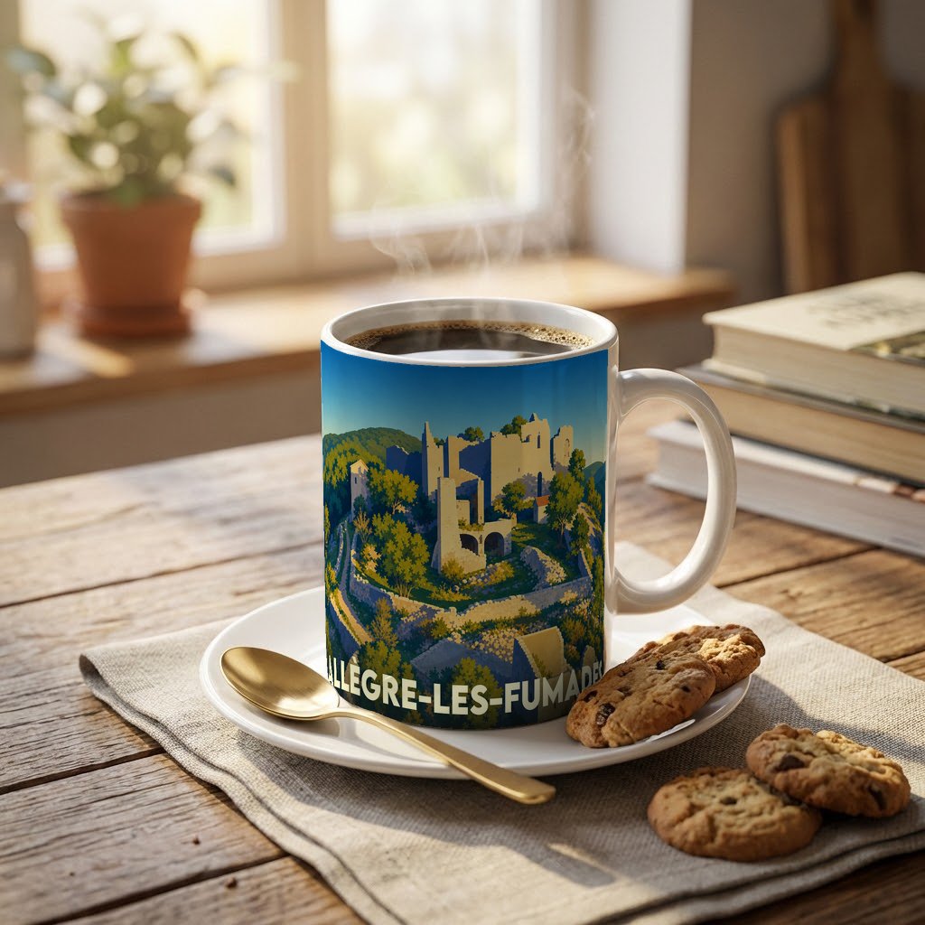 Mug souvenir de la ville d'Allègre-les-Fumades avec une illustration stylisée de son château médiéval.