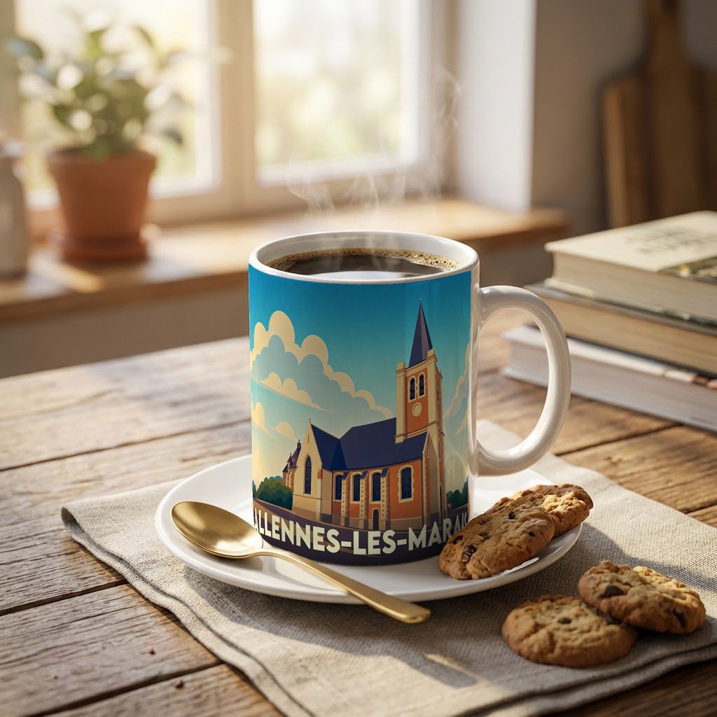 Mug souvenir de la ville de Allennes-les-Marais avec une illustration stylisée de son église.