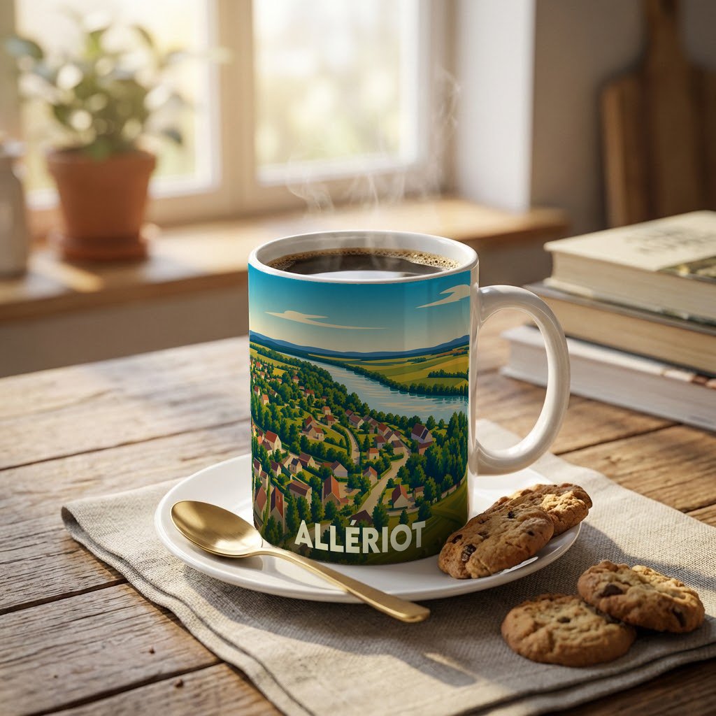 Mug souvenir de la ville d'Allériot avec une illustration stylisée d'un paysage de campagne.
