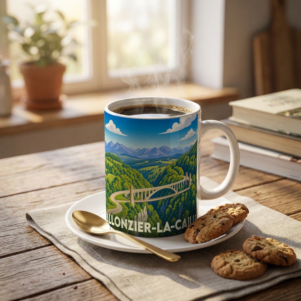 Mug souvenir d'Allonzier-la-Caille illustré par un paysage de montagne et son pont emblématique.