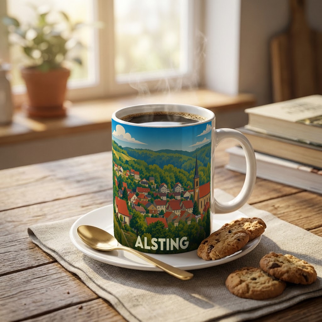 Mug souvenir de la ville d'Alsting illustré d'un paysage urbain coloré.