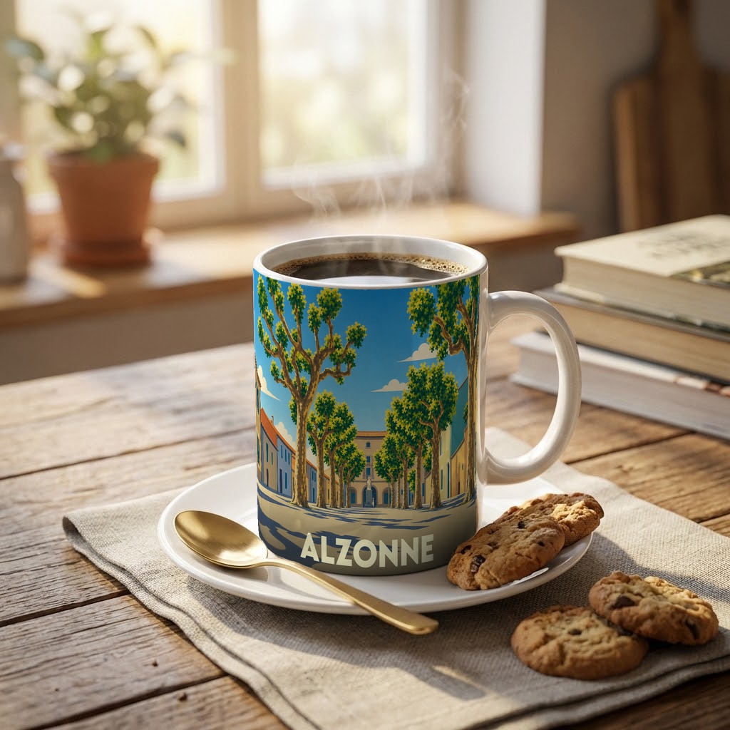 Mug souvenir de la ville d'Alzonne avec une illustration stylisée d'une allée d'arbres.