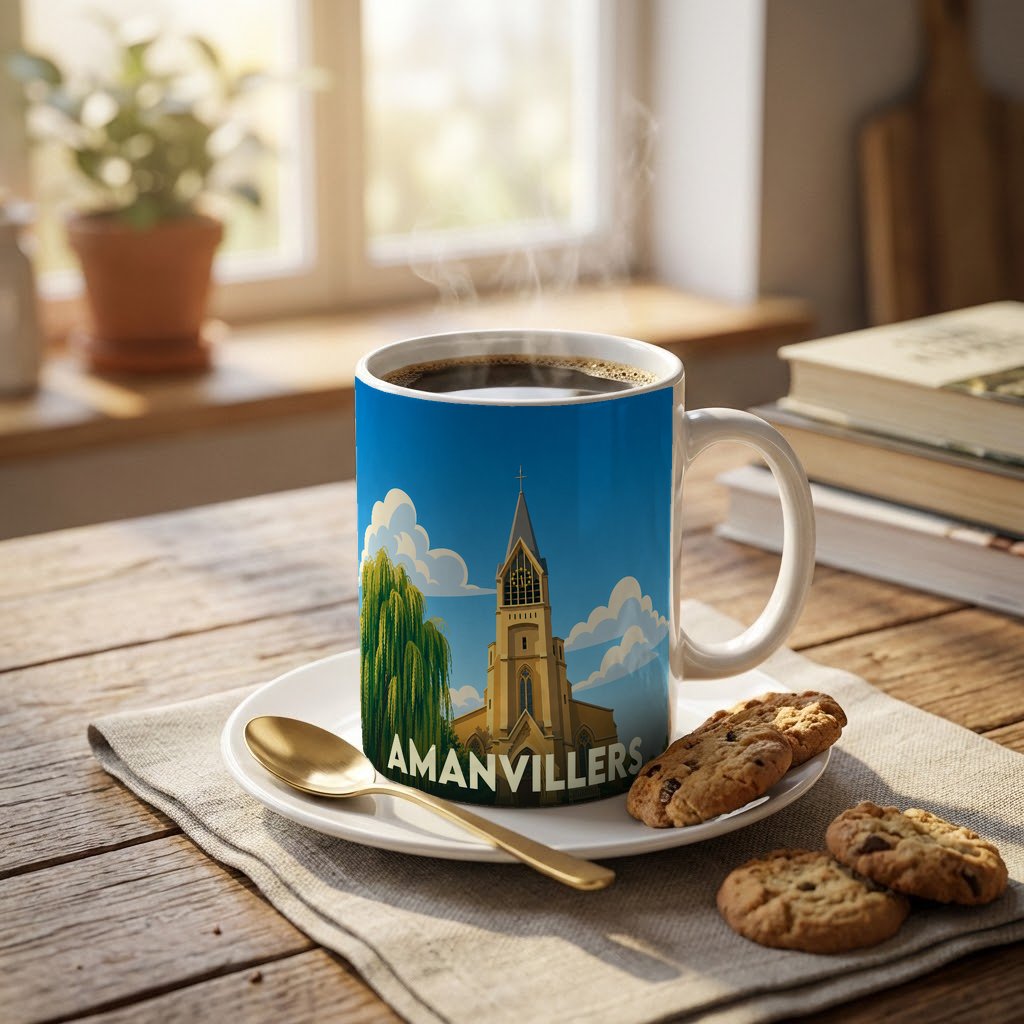 Mug souvenir de la ville d'Amanvillers avec une illustration stylisée de son église.