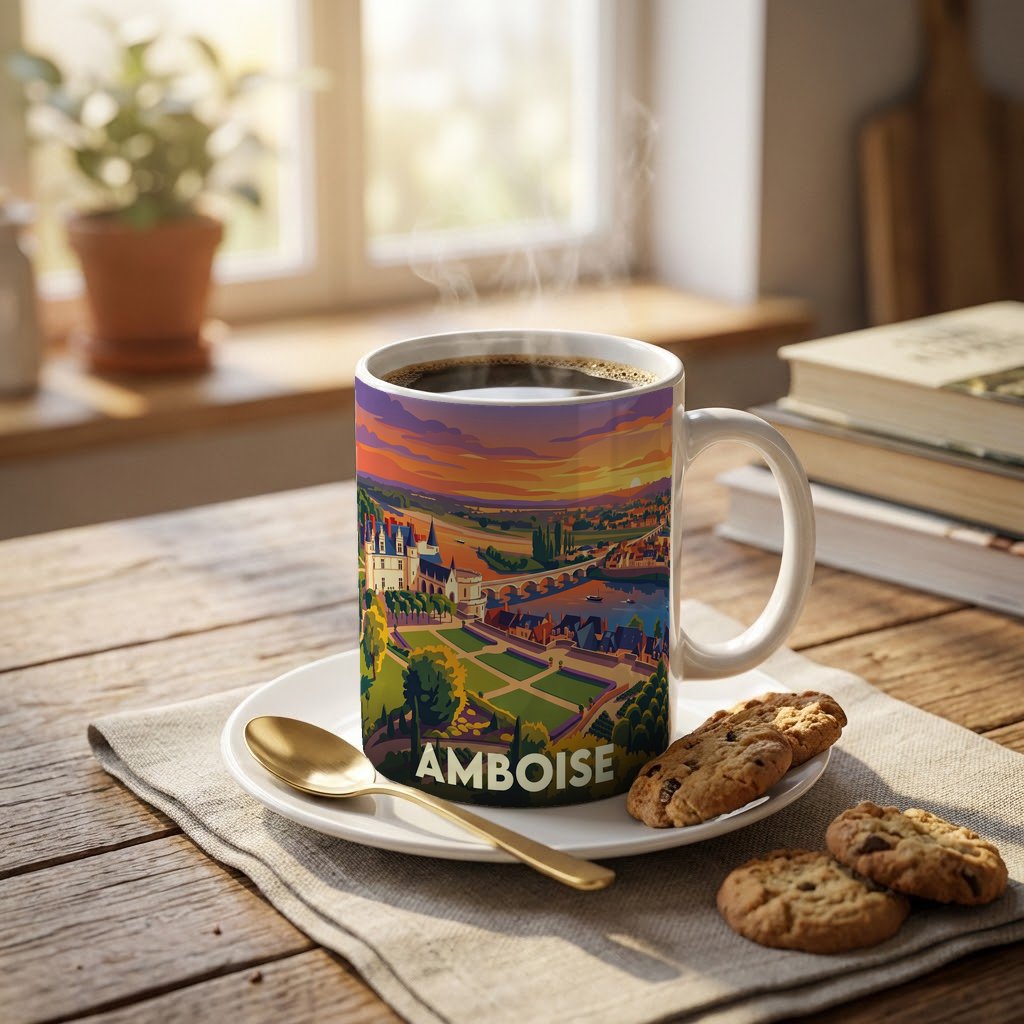 Mug souvenir de la ville d'Amboise avec une illustration stylisée.