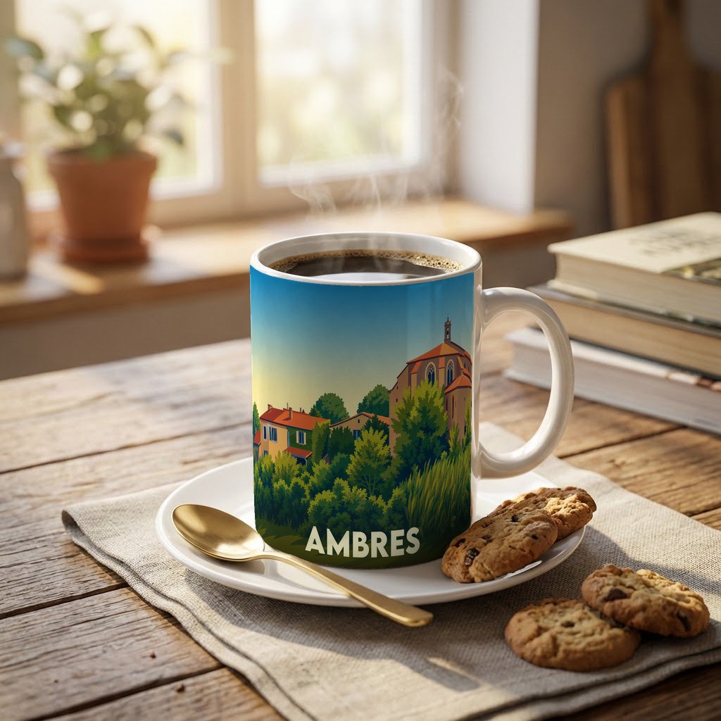 Mug souvenir de la ville d'Ambres orné d'une illustration stylisée du village et de son église.