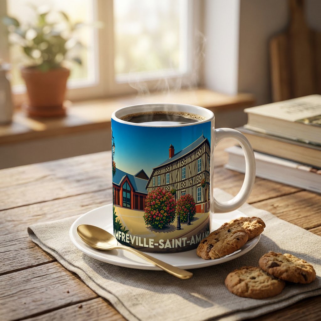 Mug souvenir de la ville d'Amfreville-Saint-Amand avec une illustration colorée de ses maisons à colombages.