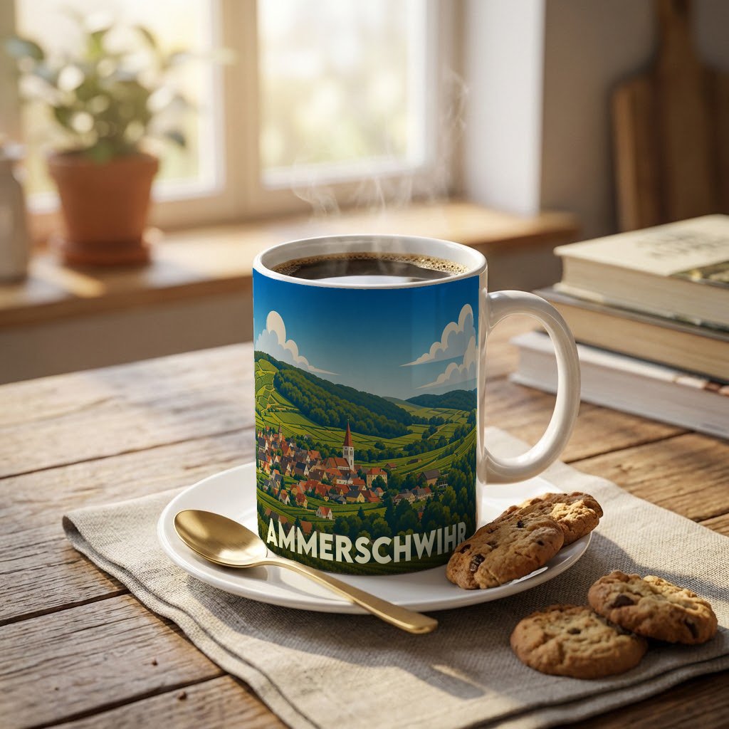 Mug souvenir de la ville d'Ammerschwihr orné d'une illustration stylisée de son paysage vallonné.