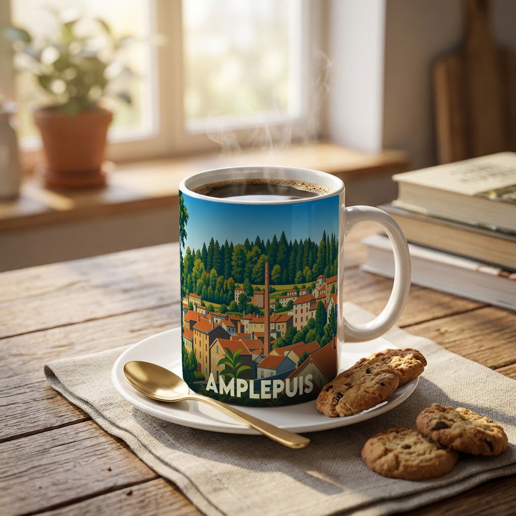 Mug souvenir de la ville de Amplepuis avec une illustration stylisée de son paysage urbain et boisé.