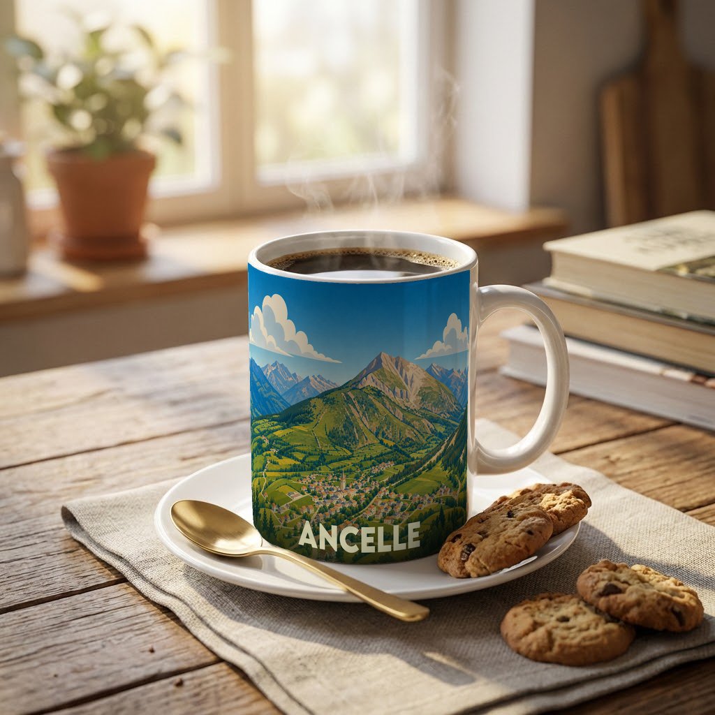 Mug souvenir de la ville d'Ancelle orné d'une illustration stylisée de ses montagnes et de son village.