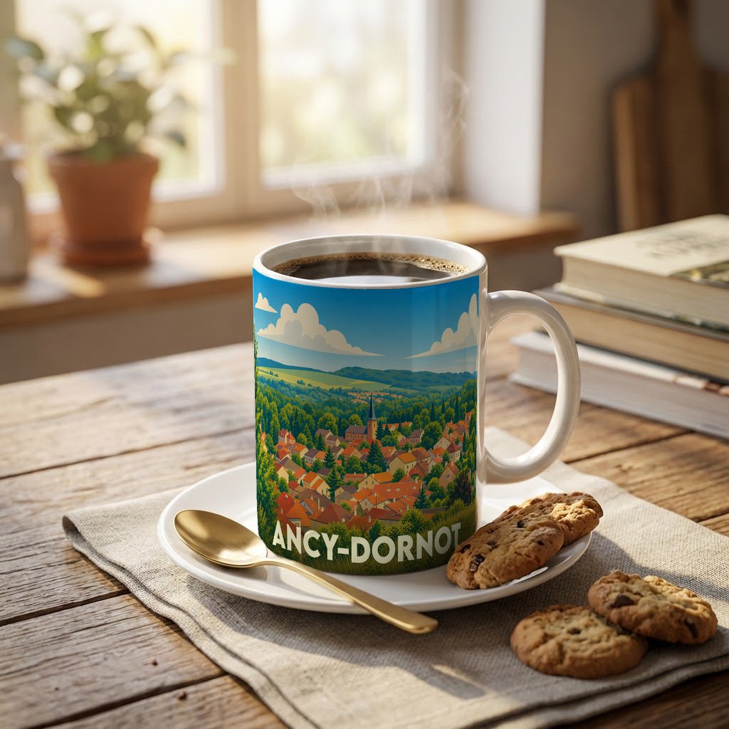 Mug souvenir de la ville d'Ancy-Dornot avec une illustration stylisée d'un paysage de village.