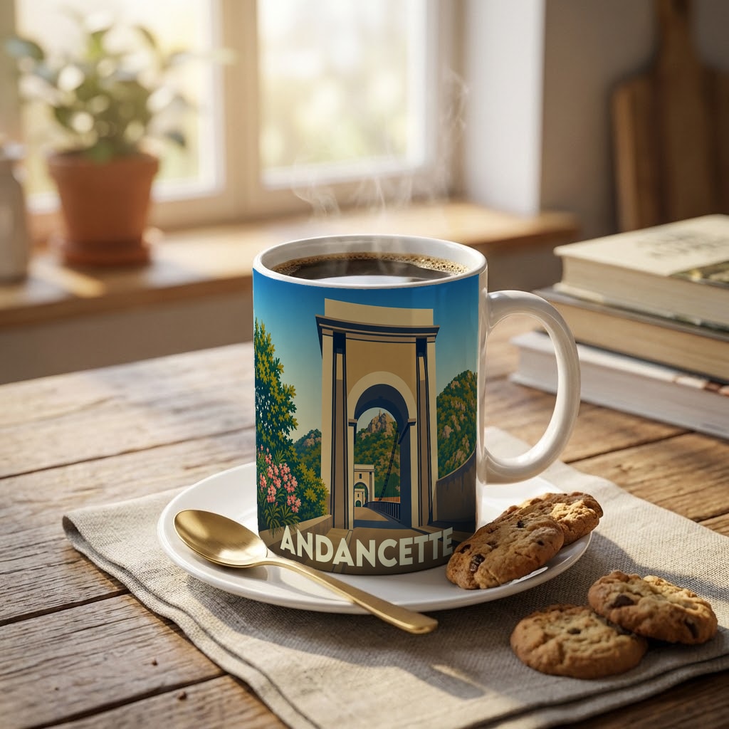 Mug souvenir de la ville d'Andancette avec une illustration stylisée d'un pont historique.