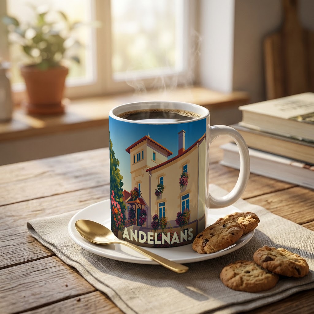 Mug souvenir de la ville de Andelnans avec une illustration stylisée d'un bâtiment fleuri.