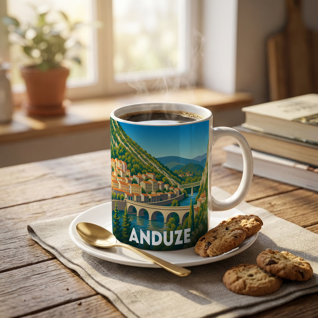 Mug souvenir de la ville d'Anduze avec une illustration stylisée de son paysage.