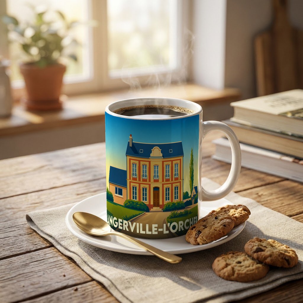 Mug souvenir de la ville d'Angerville-l'Orcher illustré d'une demeure bourgeoise colorée dans un style vintage.