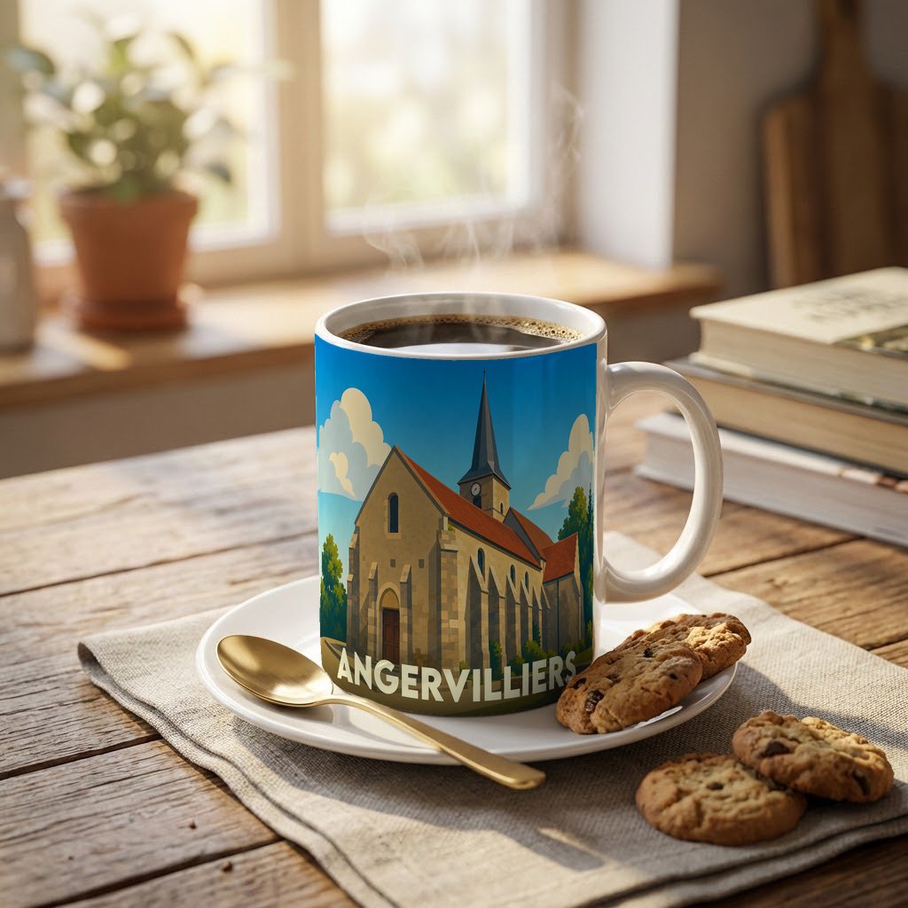 Mug souvenir de la ville d'Angervilliers orné d'une illustration stylisée de son église.