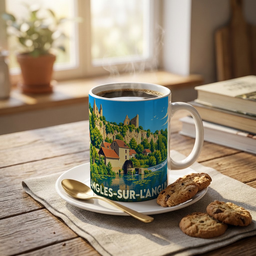 Mug souvenir de la ville d'Angles-sur-l'Anglin avec une illustration stylisée d'un moulin et d'un château.