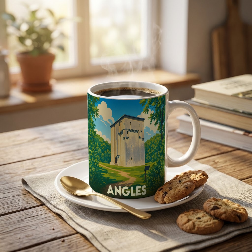 Mug souvenir de la ville d'Angles orné d'une illustration stylisée de son donjon médiéval entouré de verdure.