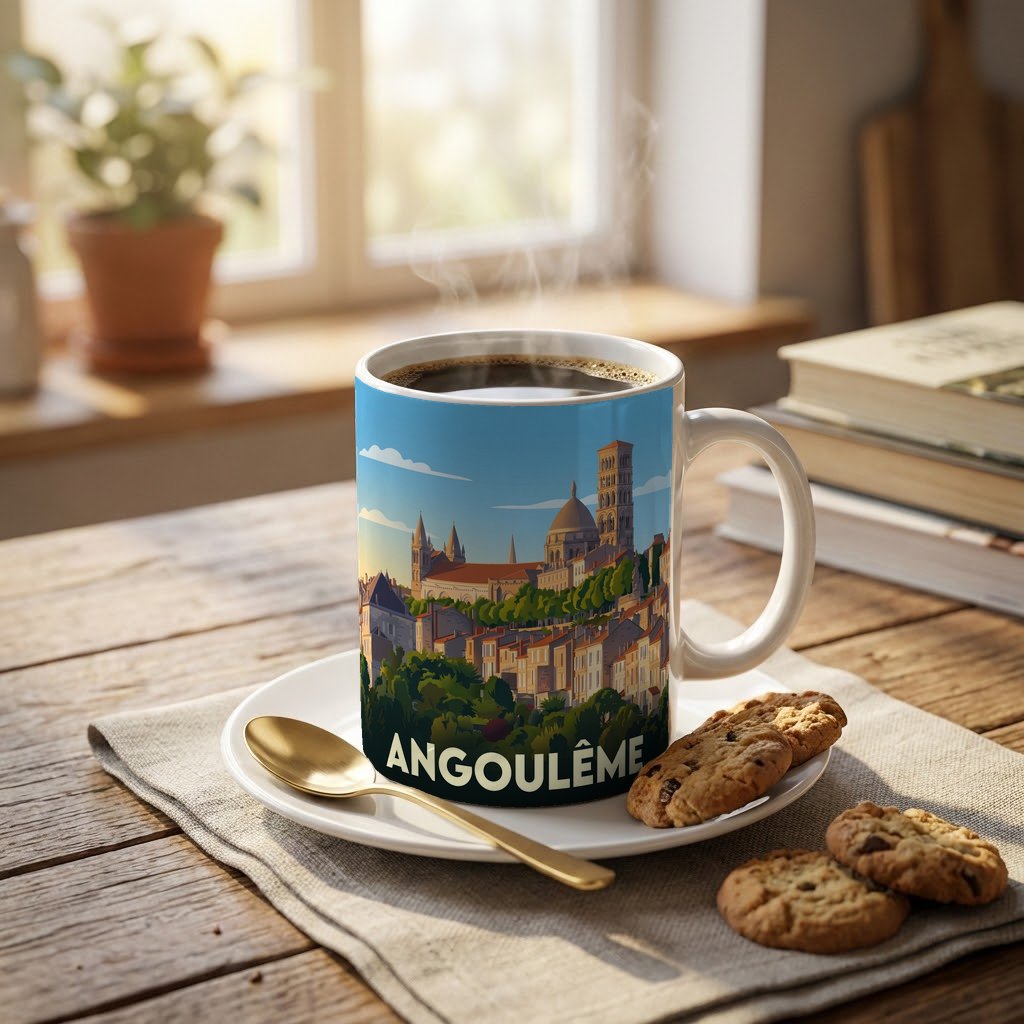 Mug souvenir de la ville d'Angoulême avec une illustration stylisée.