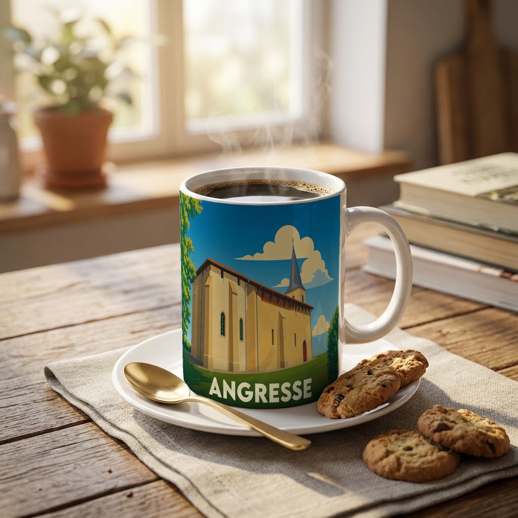 Mug souvenir de la ville d'Angresse avec une illustration stylisée de son église.