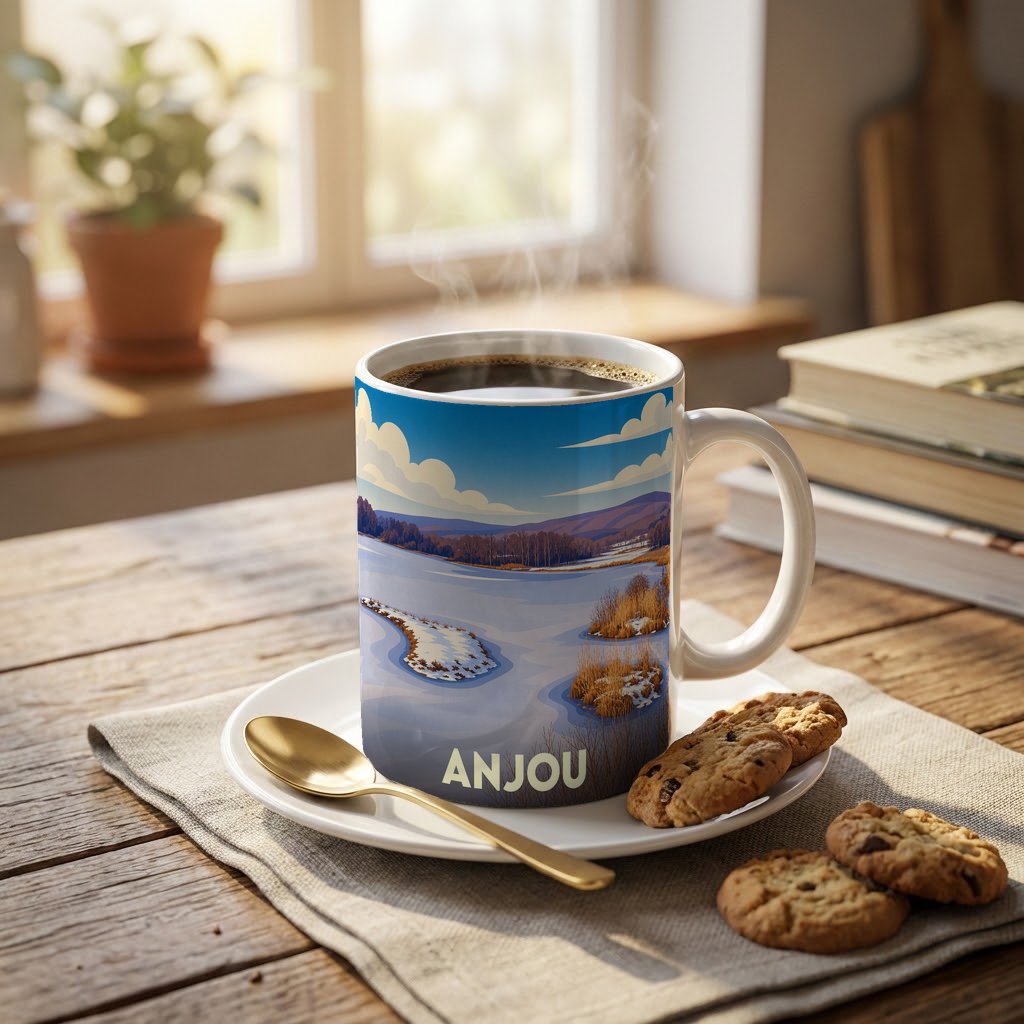 Mug souvenir de la ville d'Anjou illustré d'un paysage hivernal stylisé.