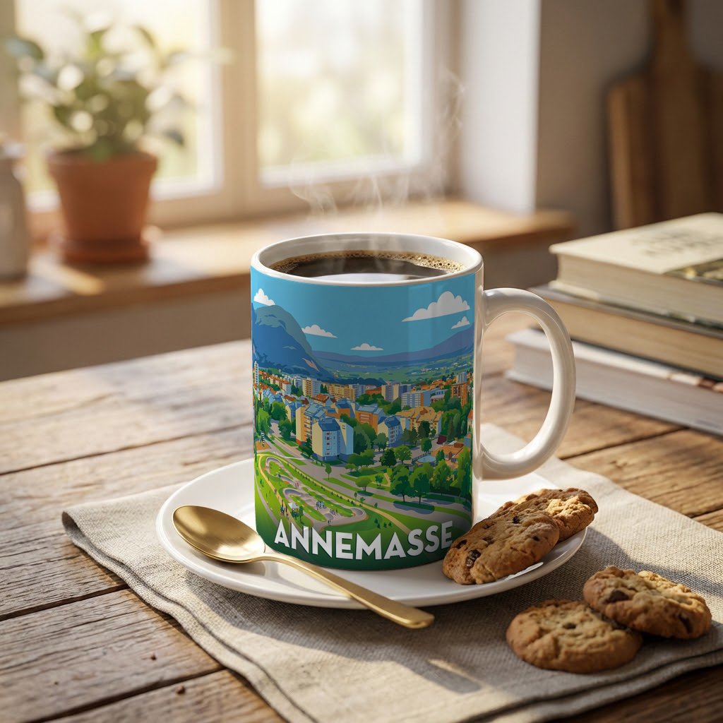 Mug souvenir de la ville d'Annemasse avec une illustration stylisée.