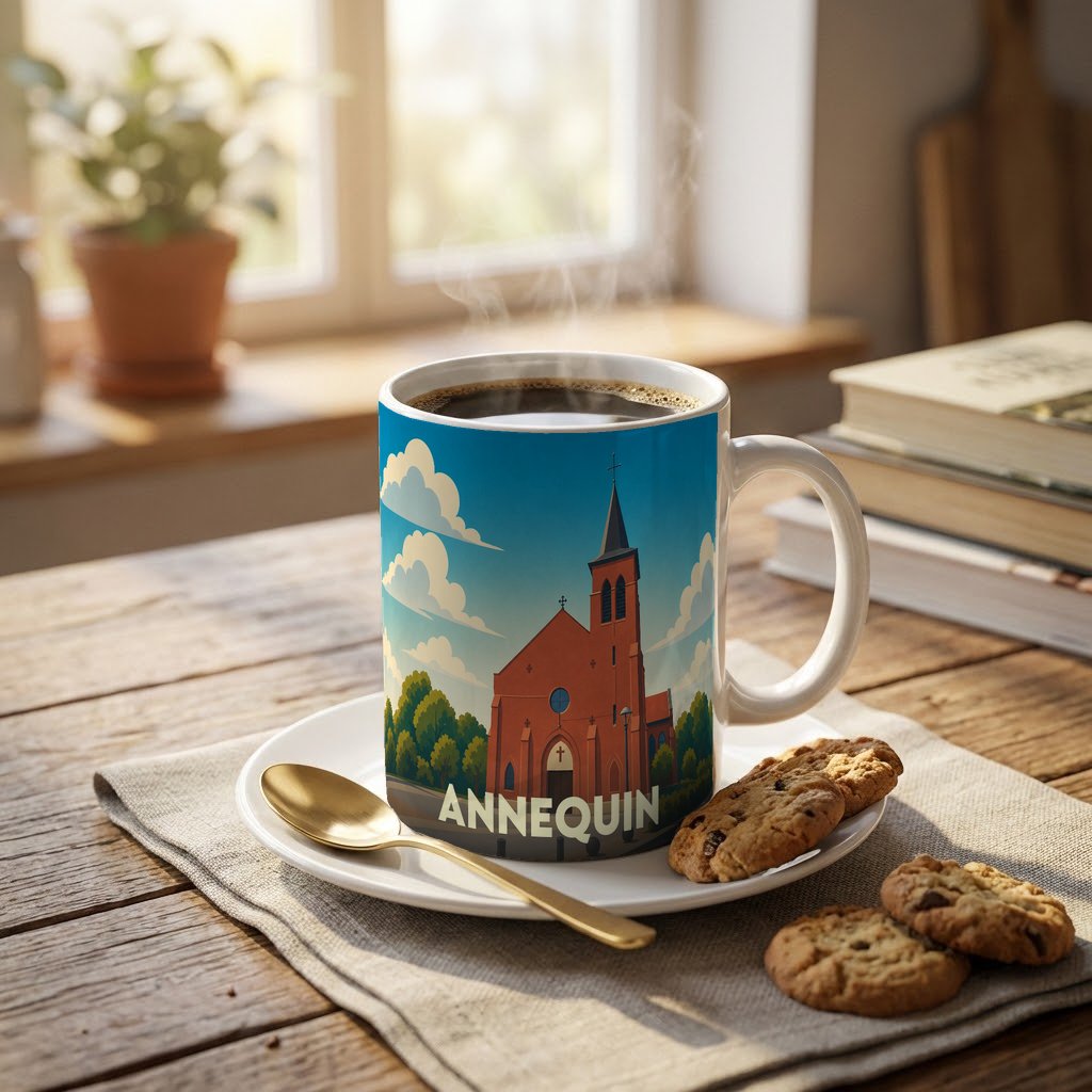 Mug souvenir de la ville d'Annequin illustré d'une église stylisée sous un ciel nuageux.