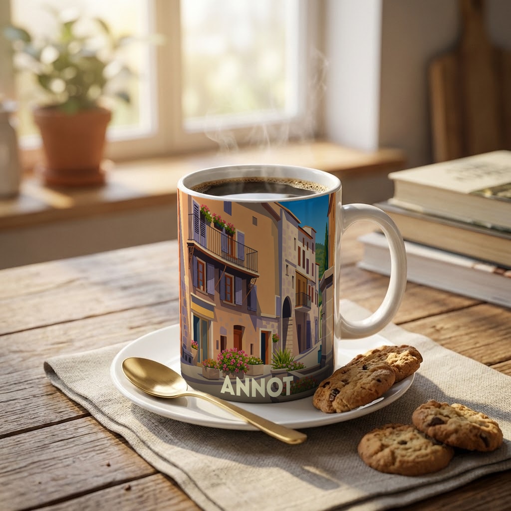 Mug souvenir de la ville d'Annot avec une illustration colorée et stylisée d'une ruelle provençale.