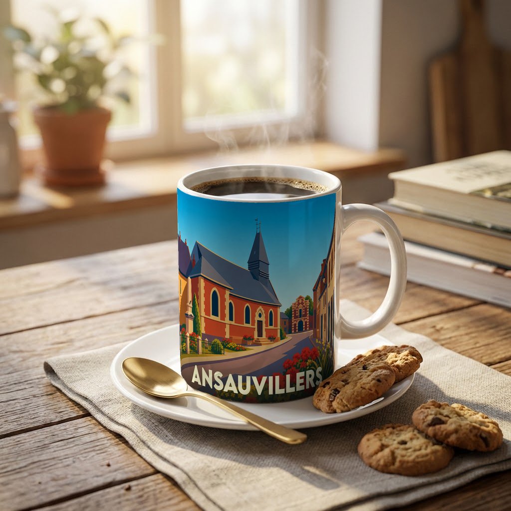 Mug souvenir de la ville de Ansauvillers orné d'une illustration stylisée de son église.