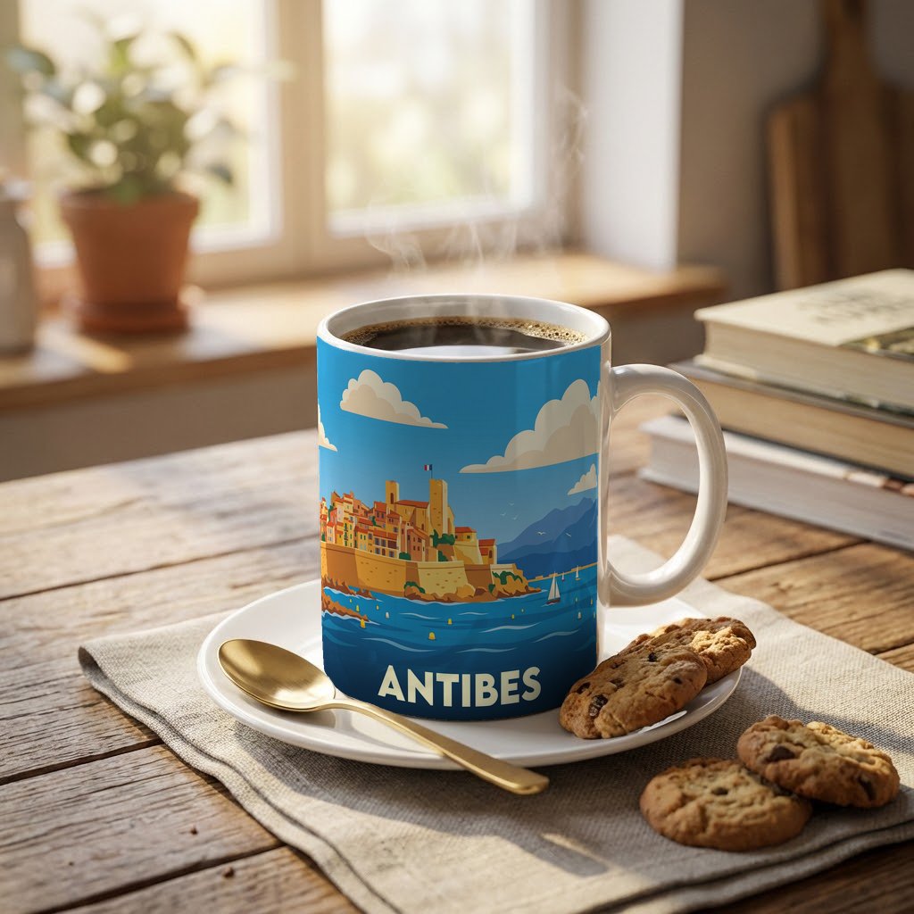Mug souvenir de la ville d'Antibes avec une illustration stylisée de son paysage côtier.
