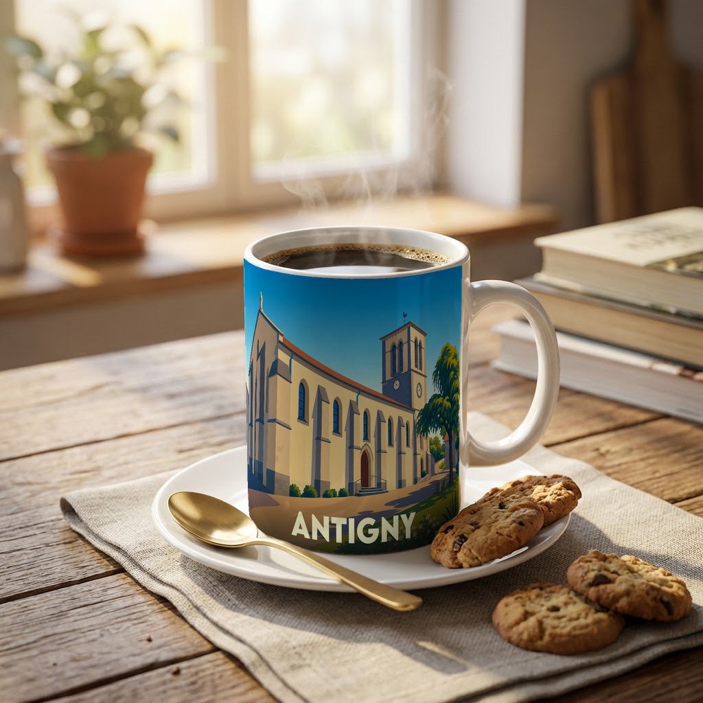 Mug souvenir de la ville d'Antigny orné d'une illustration stylisée de son église.