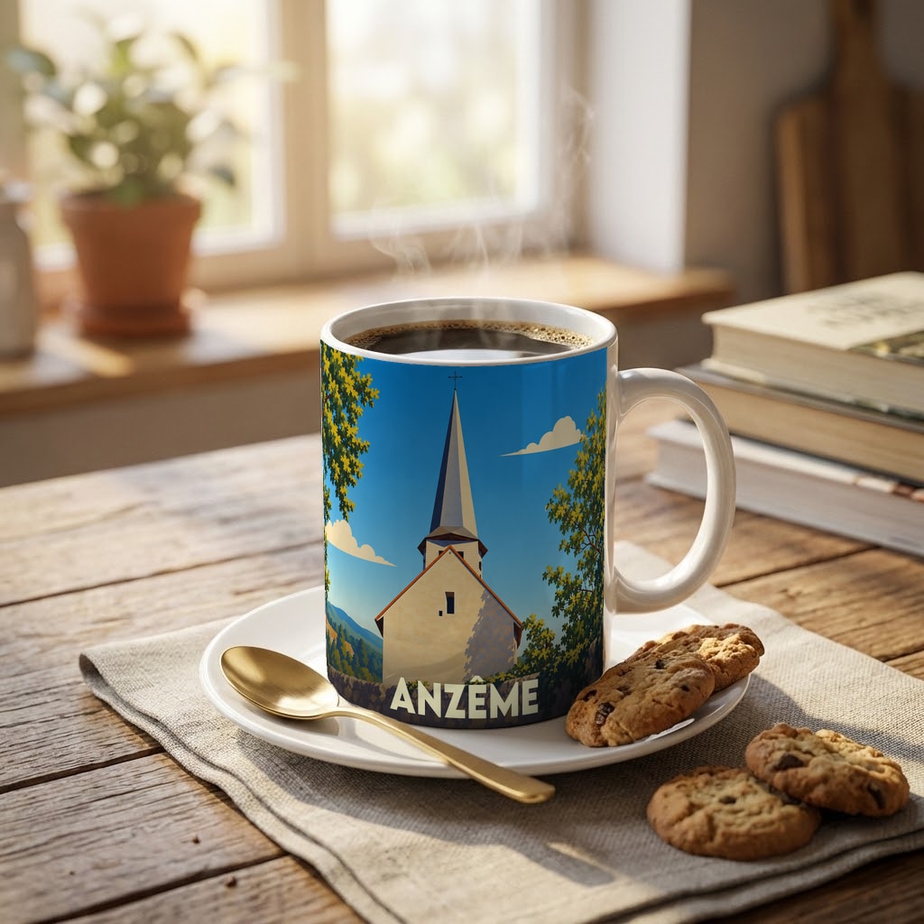 Mug souvenir de la ville d'Anzême orné d'une illustration stylisée de son église.