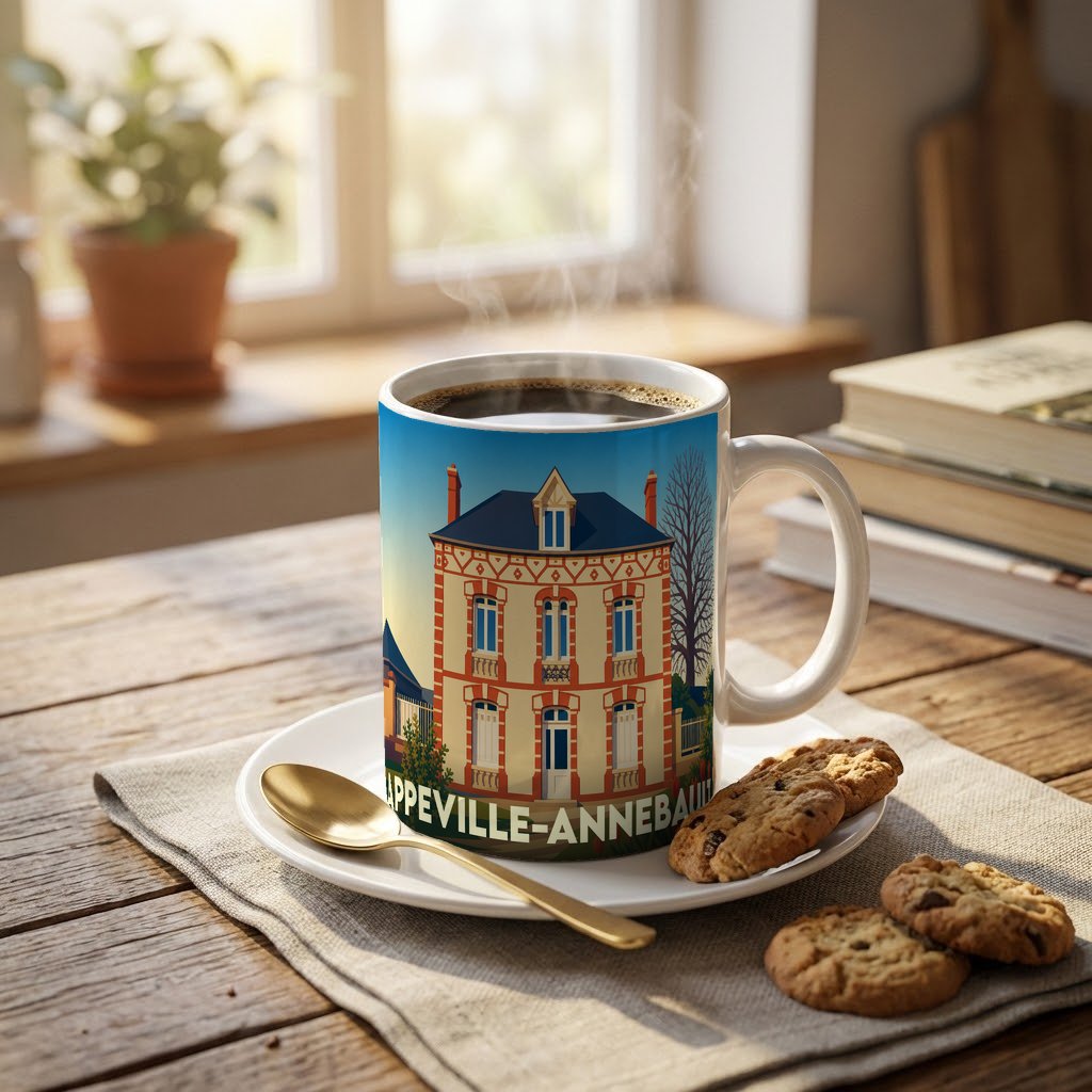 Mug souvenir de la ville d'Appeville-Annebault avec une illustration stylisée d'une maison de maître.