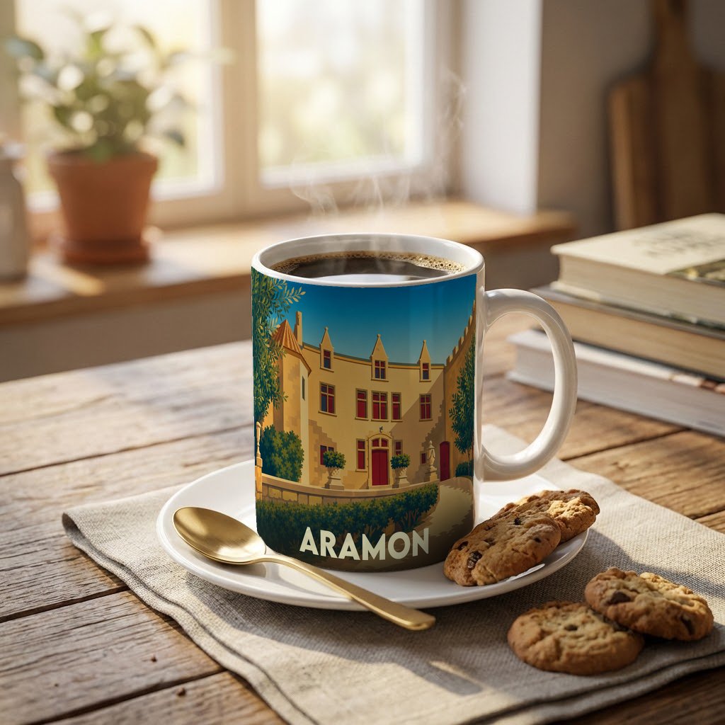 Mug souvenir de la ville d'Aramon orné d'une illustration stylisée de son château.