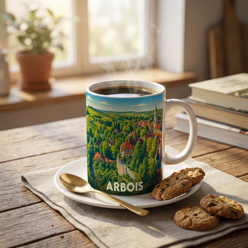 Mug souvenir de la ville d'Arbois orné d'une illustration panoramique et stylisée de ses paysages verdoyants.