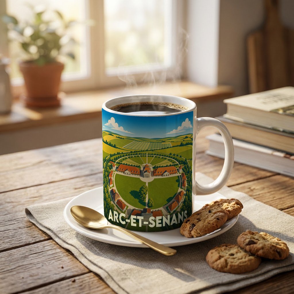 Mug souvenir de la ville d'Arc-et-Senans illustrant la Saline royale dans un paysage verdoyant.