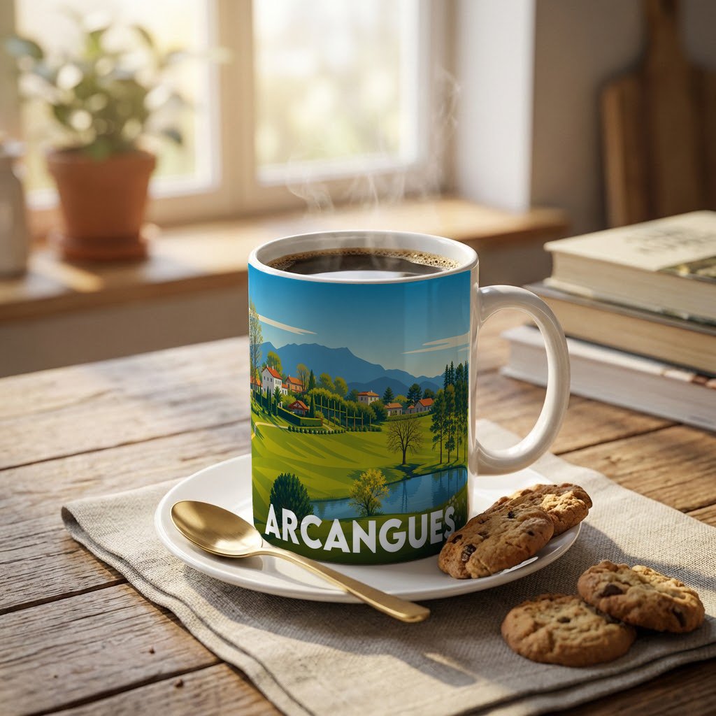 Mug souvenir de la ville d'Arcangues avec une illustration de paysage stylisée.