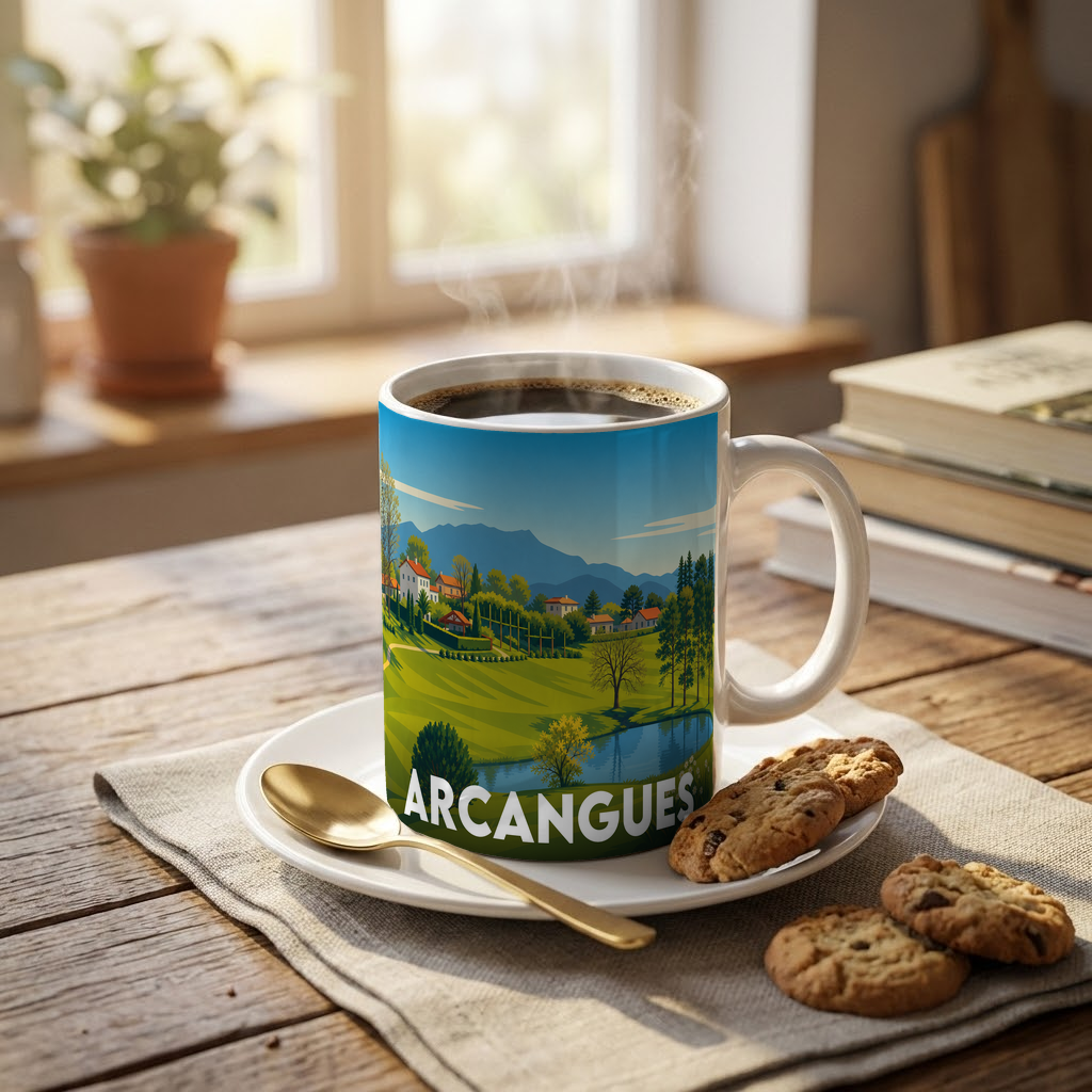 Mug souvenir de la ville d'Arcangues avec une illustration de paysage stylisée.