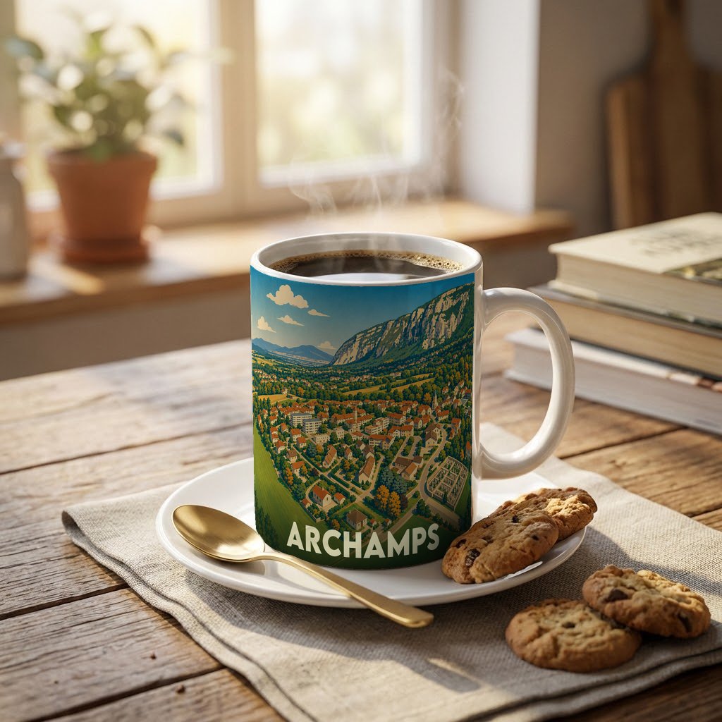 Mug souvenir de la ville de Archamps avec une illustration stylisée.