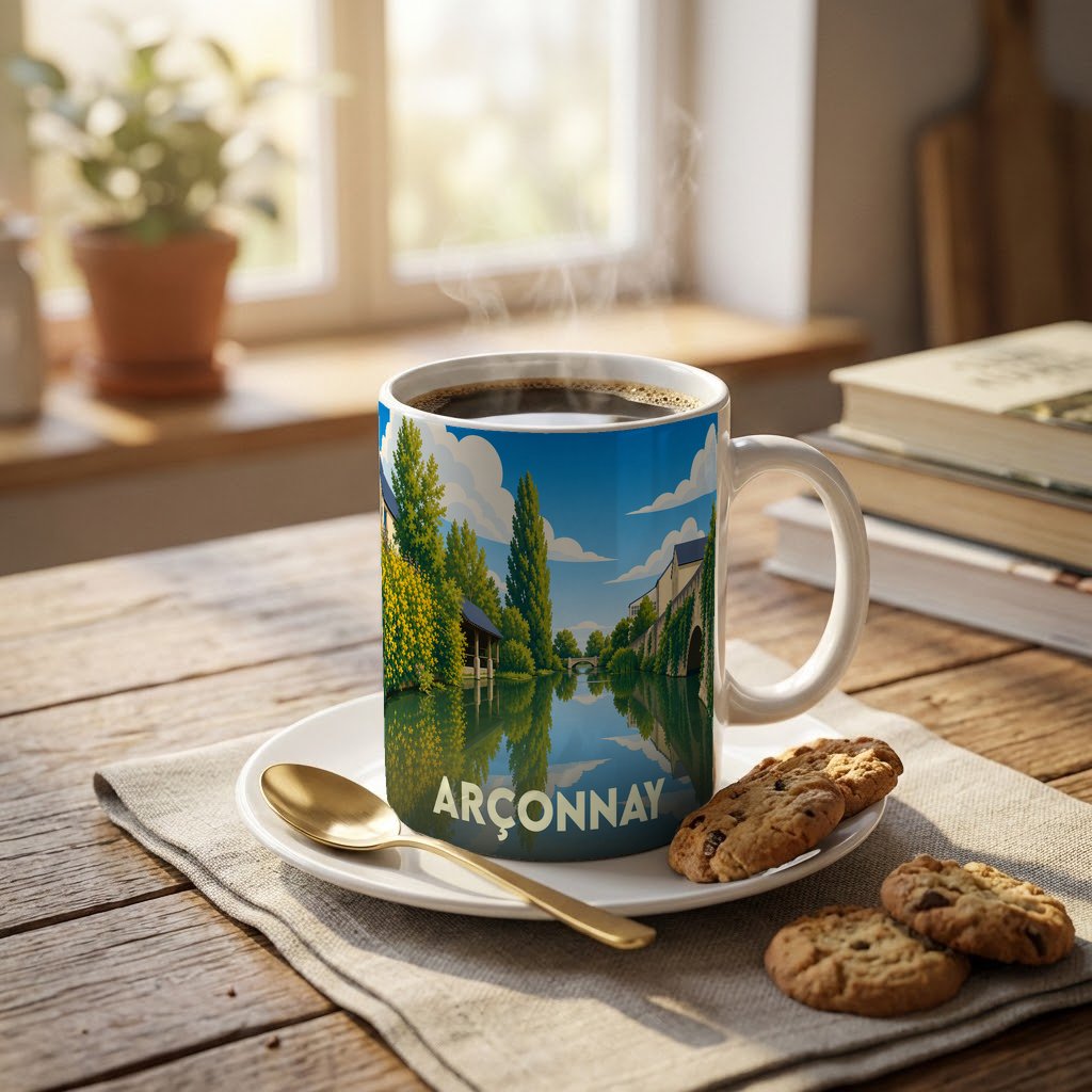Mug souvenir de la ville d'Arçonnay orné d'une illustration stylisée représentant un paysage au bord de l'eau.