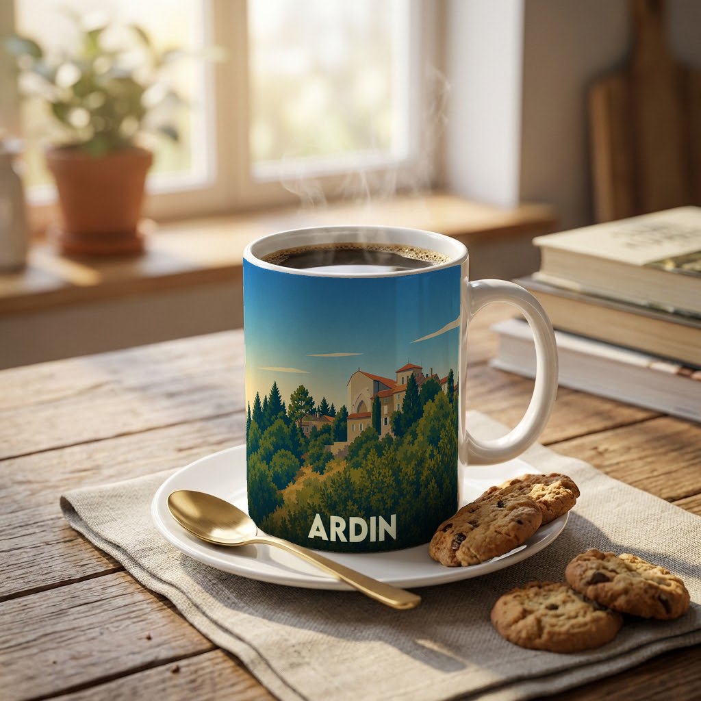 Mug souvenir de la ville d'Ardin orné d'une illustration stylisée de paysages et de bâtiments.