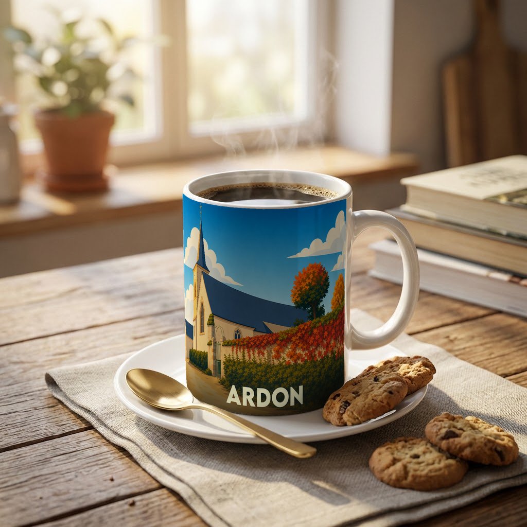 Mug souvenir de la ville d'Ardon avec une illustration stylisée d'une église et de paysages automnaux.