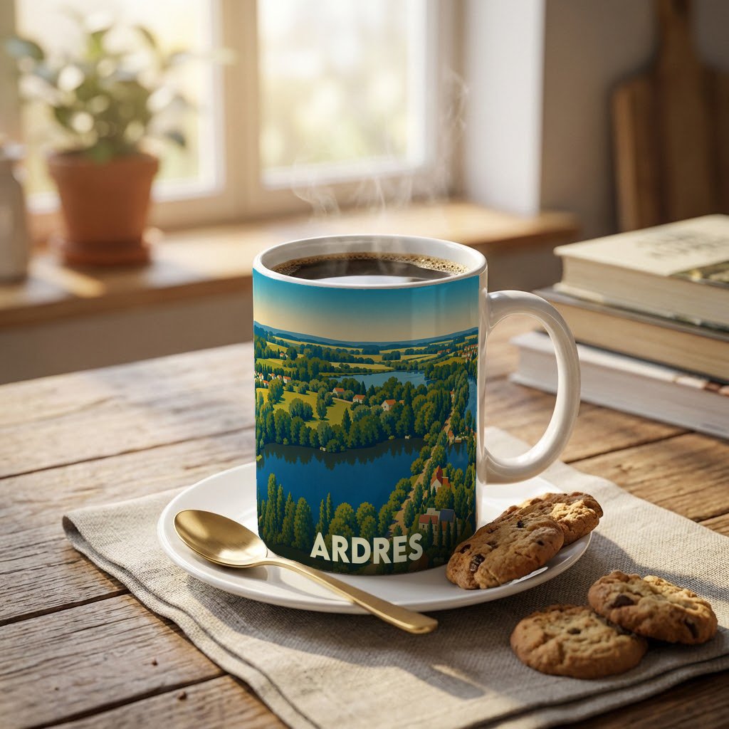 Mug souvenir de la ville d'Ardres orné d'une illustration paysagère stylisée.